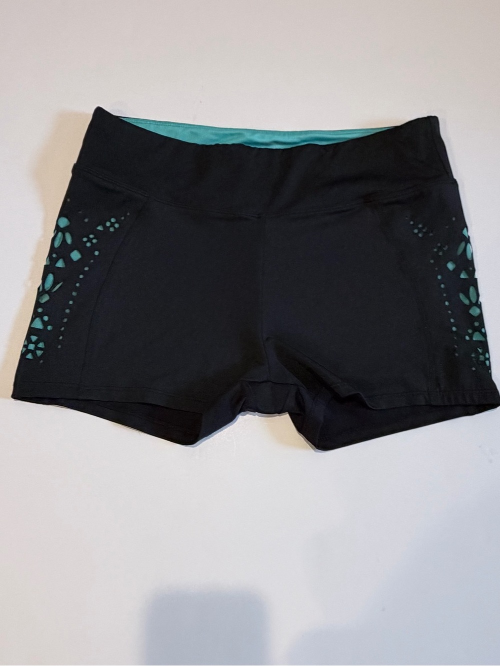 Marika Black Athletic Shorts with Teal Laser-Cut Perforated Detail - Size L